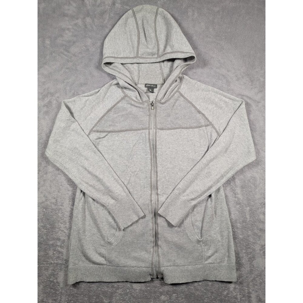 Eddie Bauer Sweater Womens Size XL Gray Knitted Full Zip Hooded Outdoor Comfy